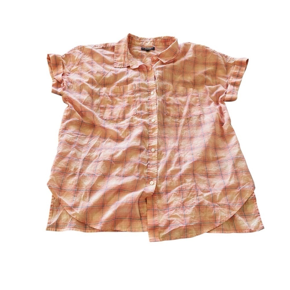NYDJ Peach Plaid Button Down Shirt